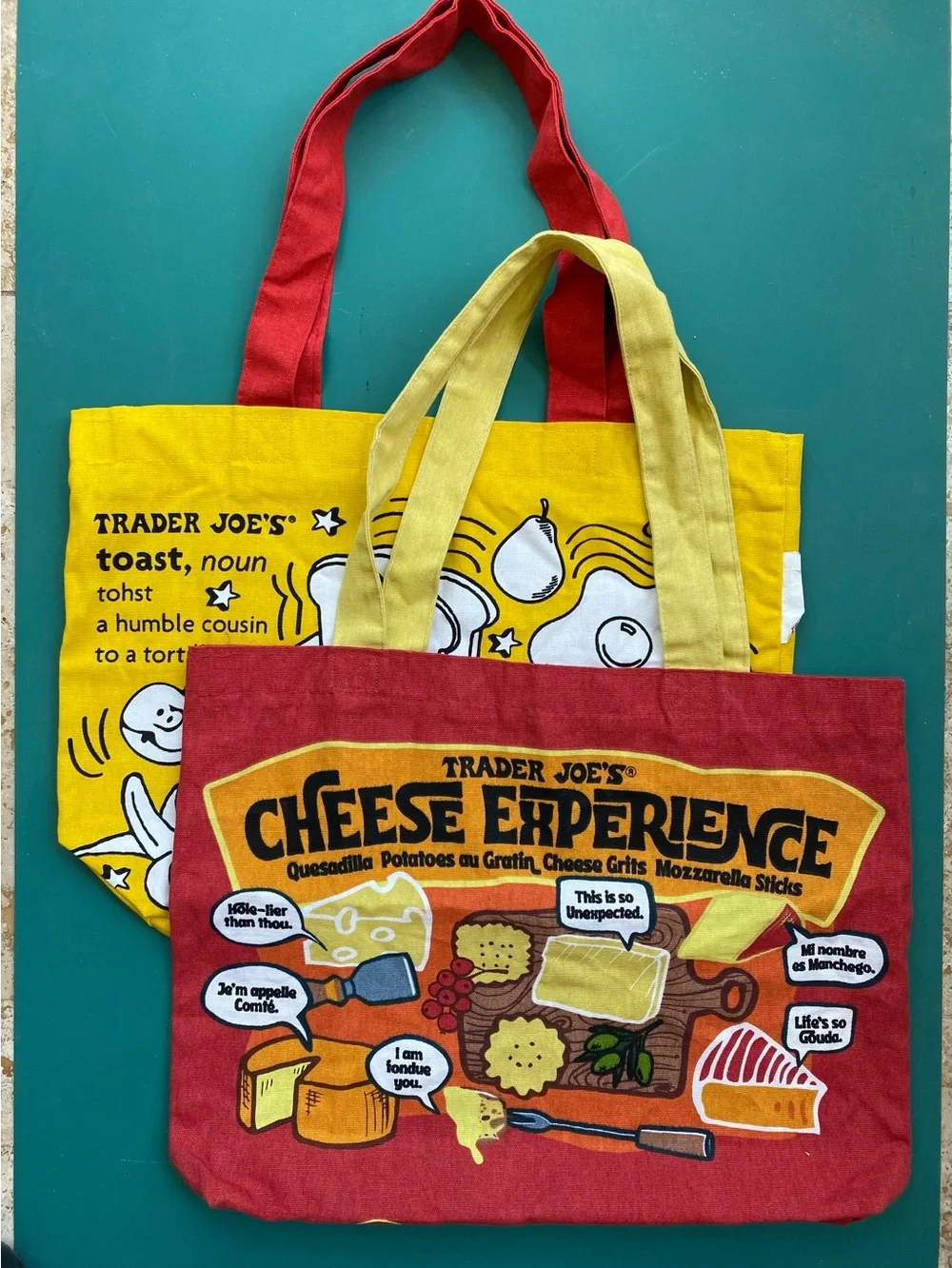 (2) Trader Joe’s Cloth Tote bags: Cheese Adventures & Waffles Toast Milk - Picture 1 of 13